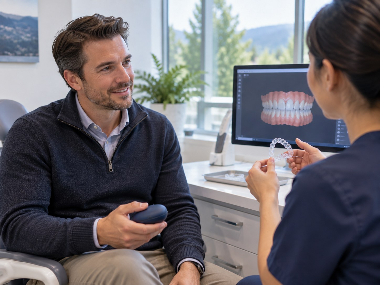 Adult and clinician discussing an aligner in an illustrative consultation