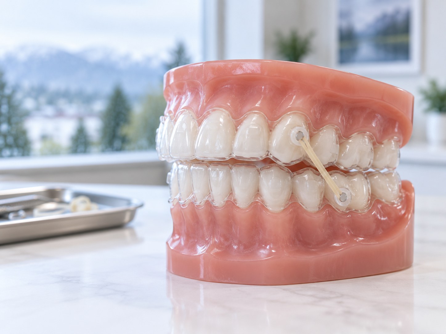 Precision cuts and elastics used with clear aligners