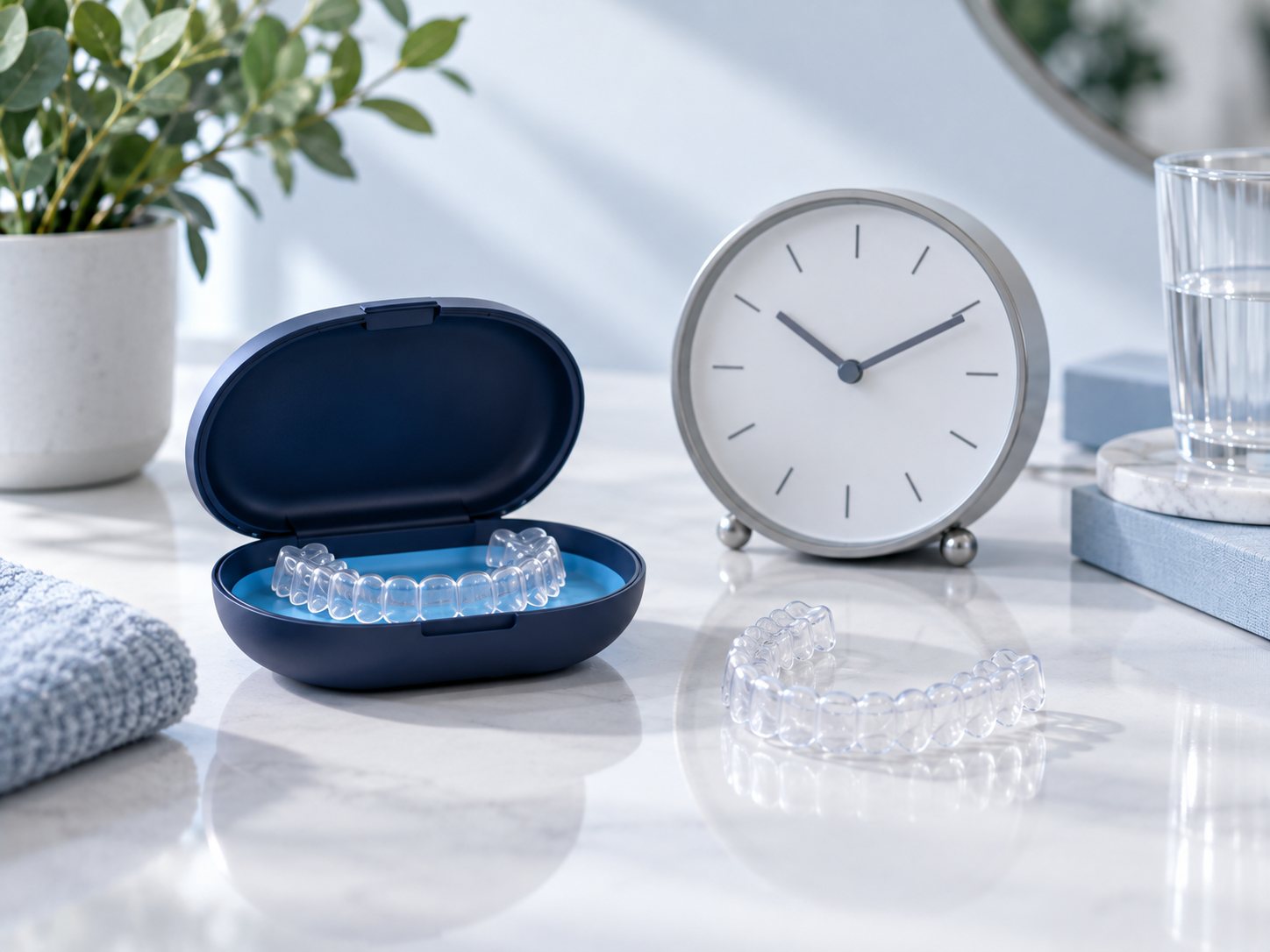 Clear aligner case and clock representing daily aligner wear time