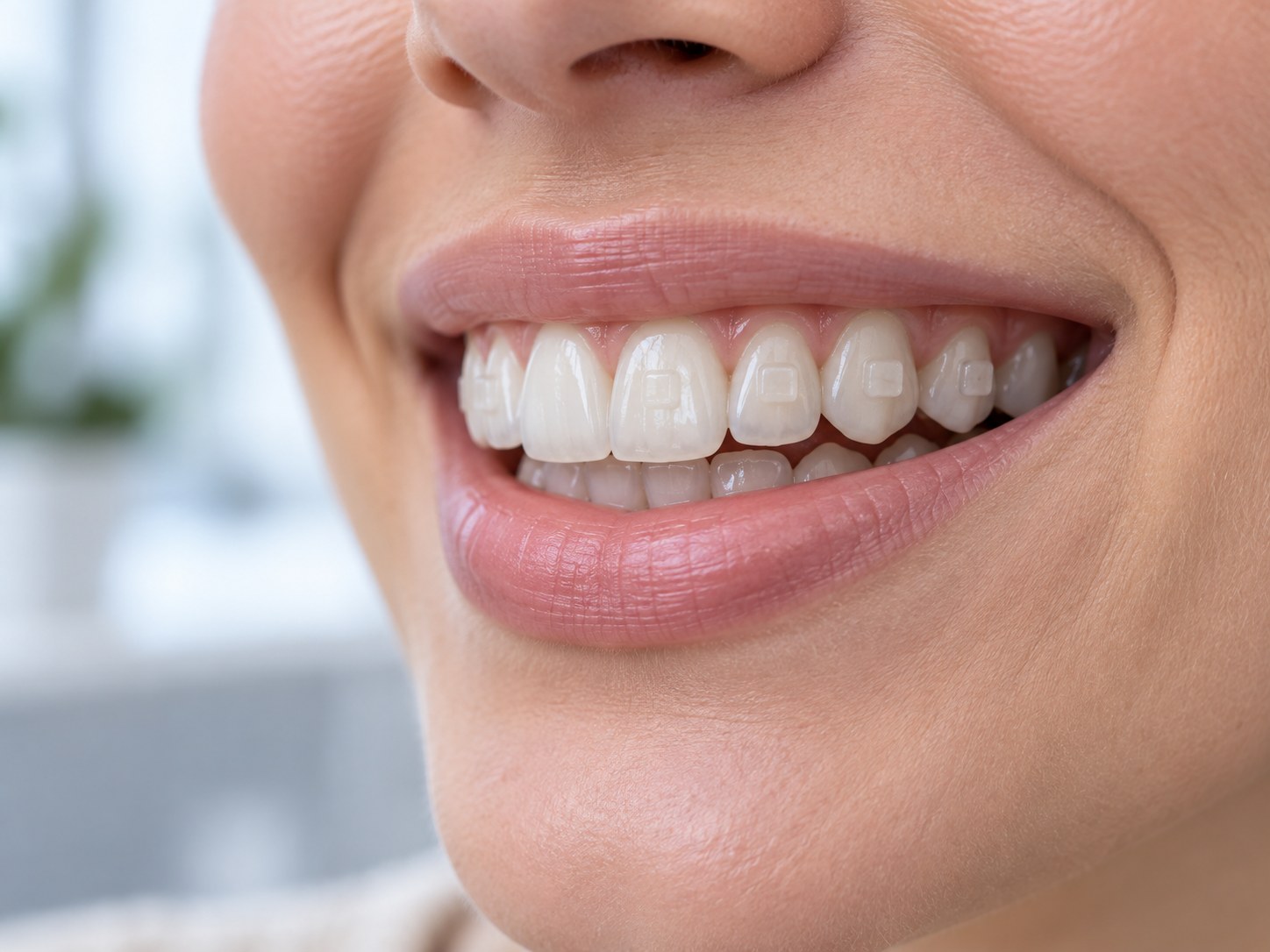 Illustration of tooth-coloured attachment shapes on teeth