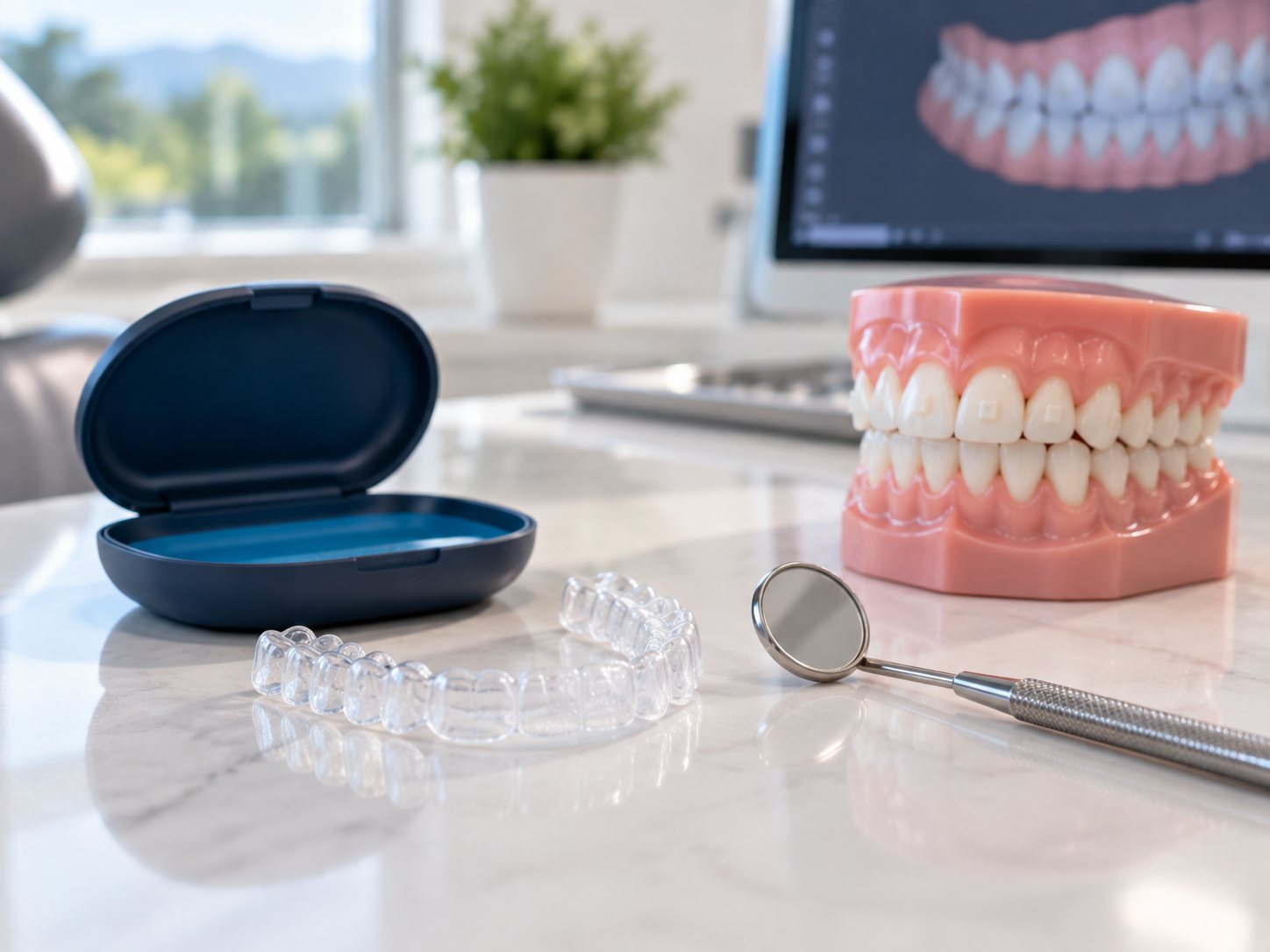 Aligner tray, dental mirror and model on a consultation surface