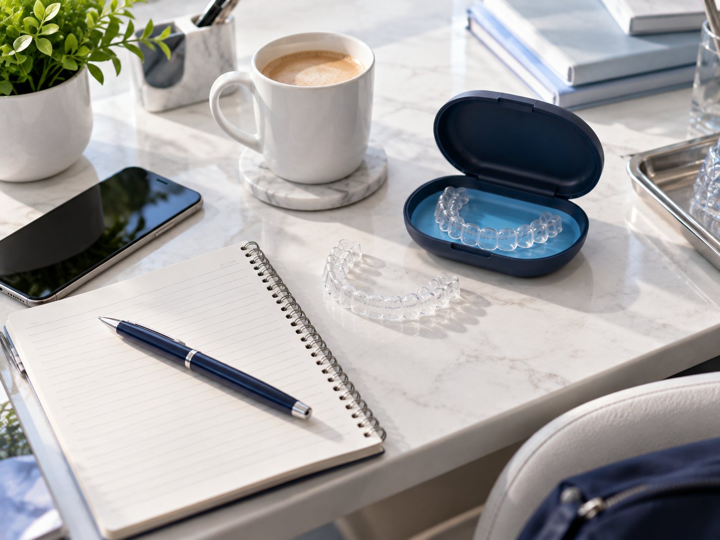 Notebook, pen and an aligner case arranged for consultation preparation