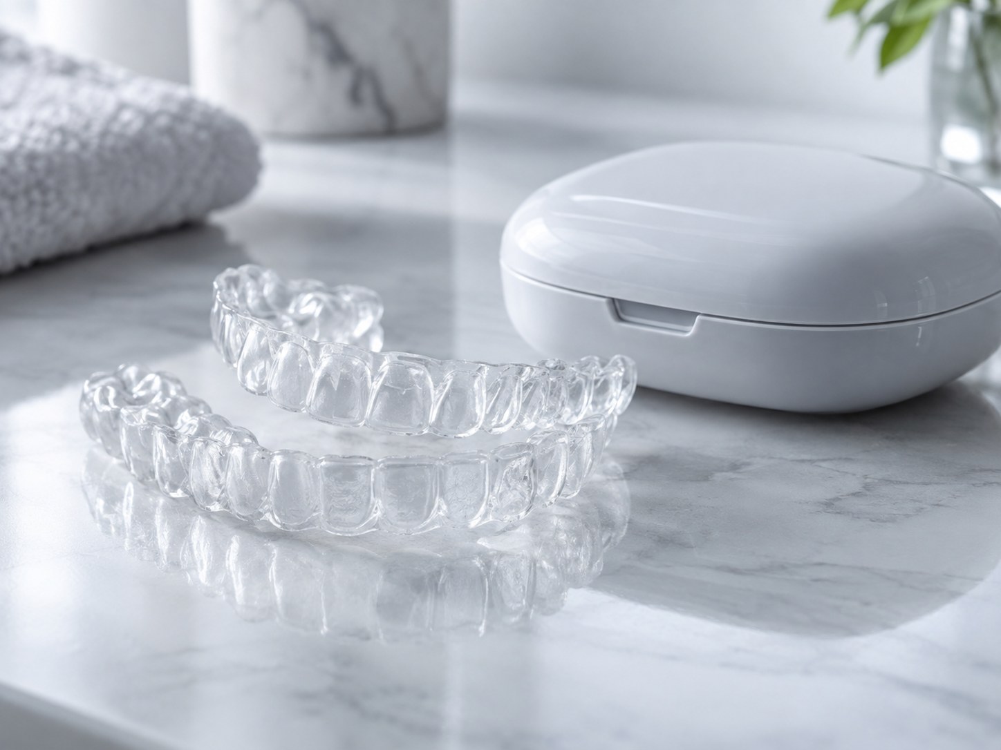 Clear aligner trays and case on a clean clinical surface