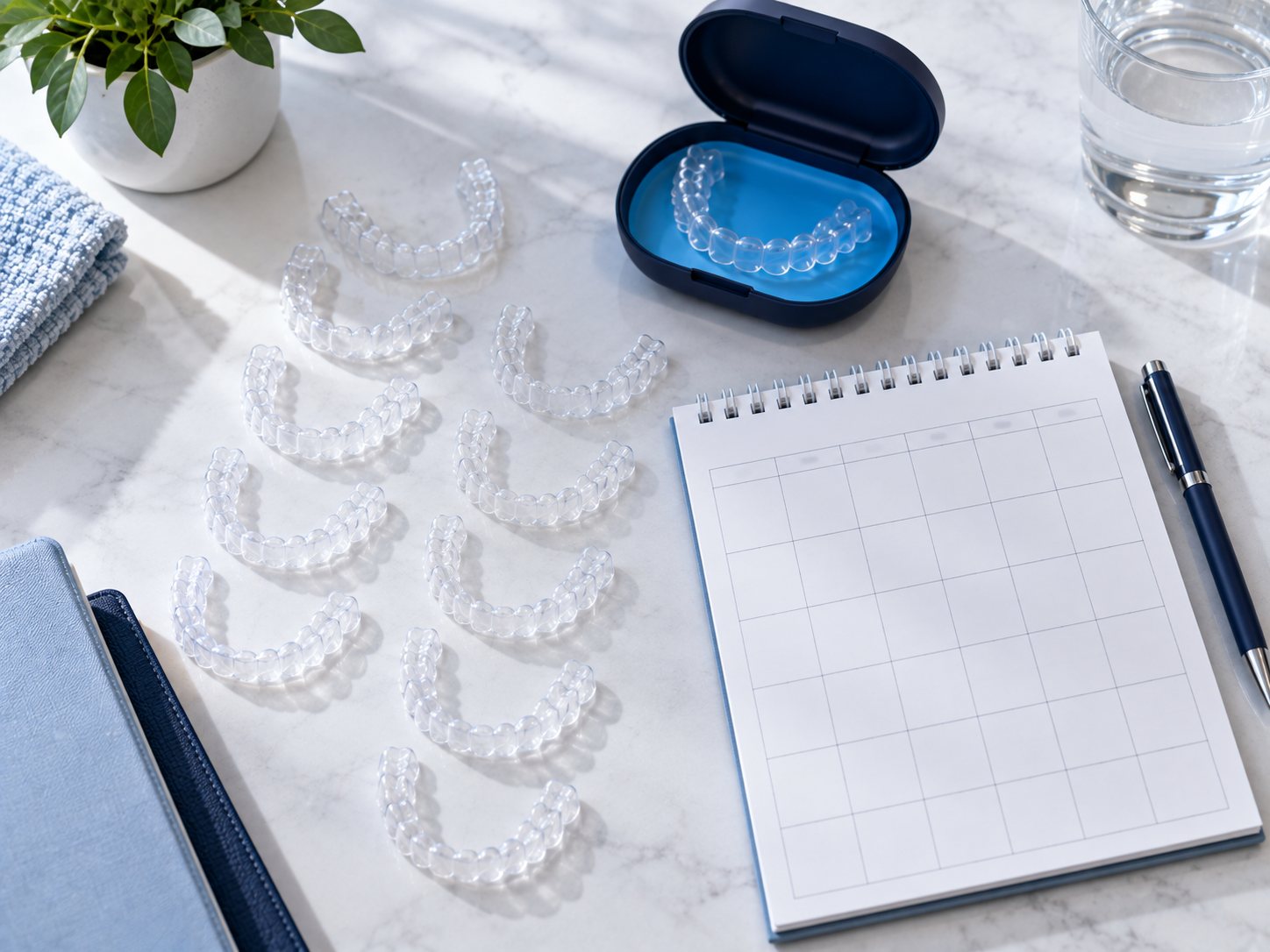 A series of clear aligner trays beside a calendar