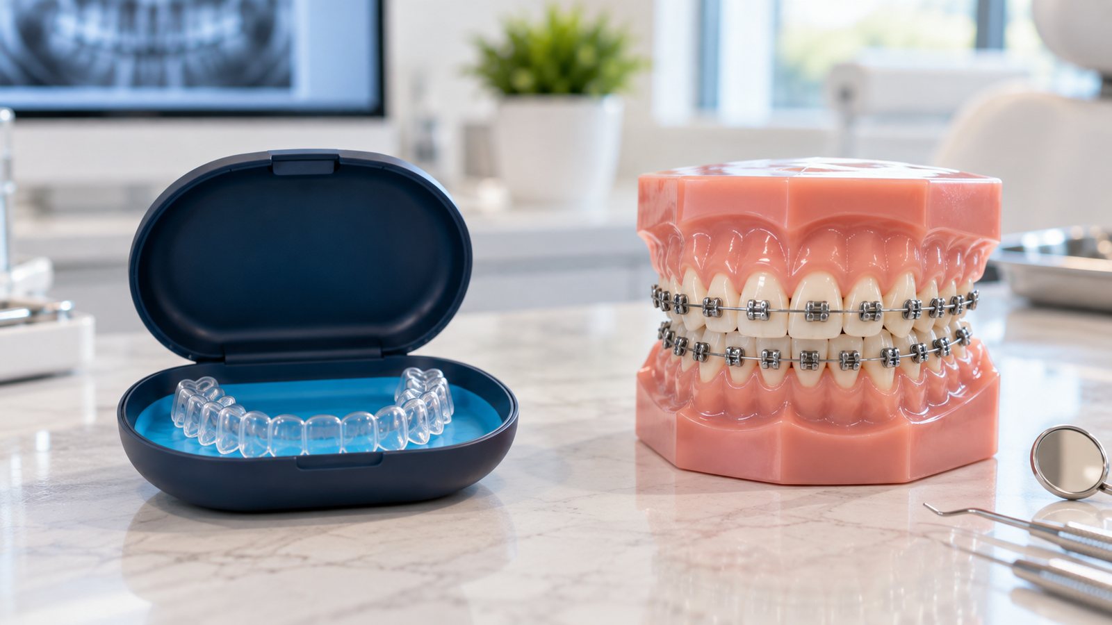 Unbranded clear aligner beside a dental model with metal braces