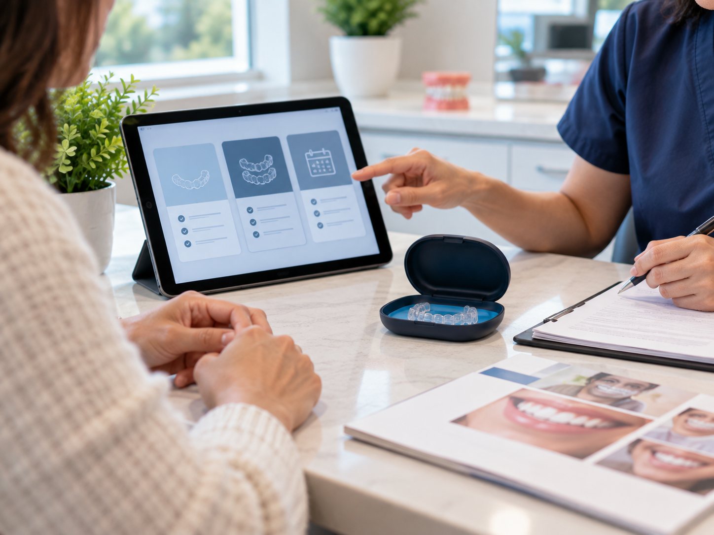 Clear aligner cost and payment discussion at an orthodontic consultation
