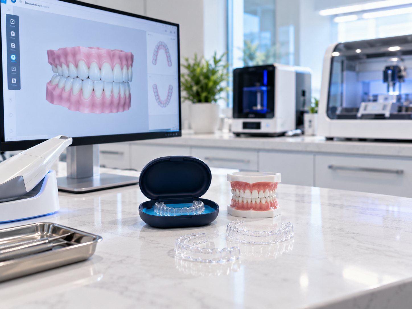 Illustrative digital aligner workspace with a monitor and unbranded trays