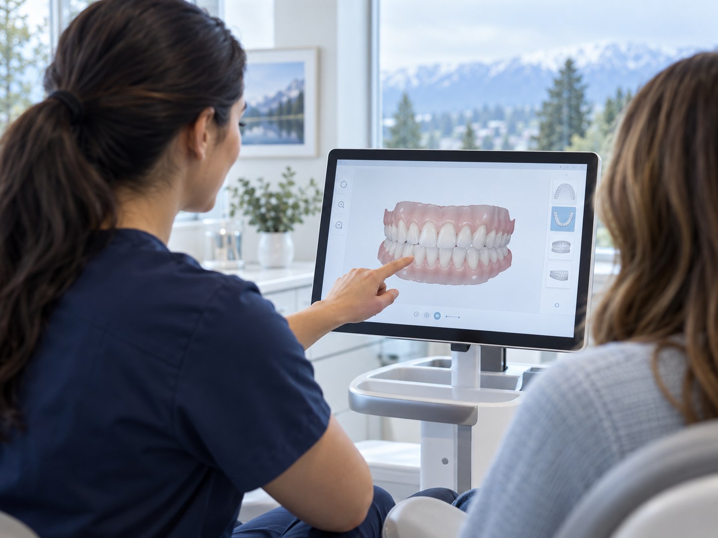 Illustrative patient and team member reviewing a digital dental model