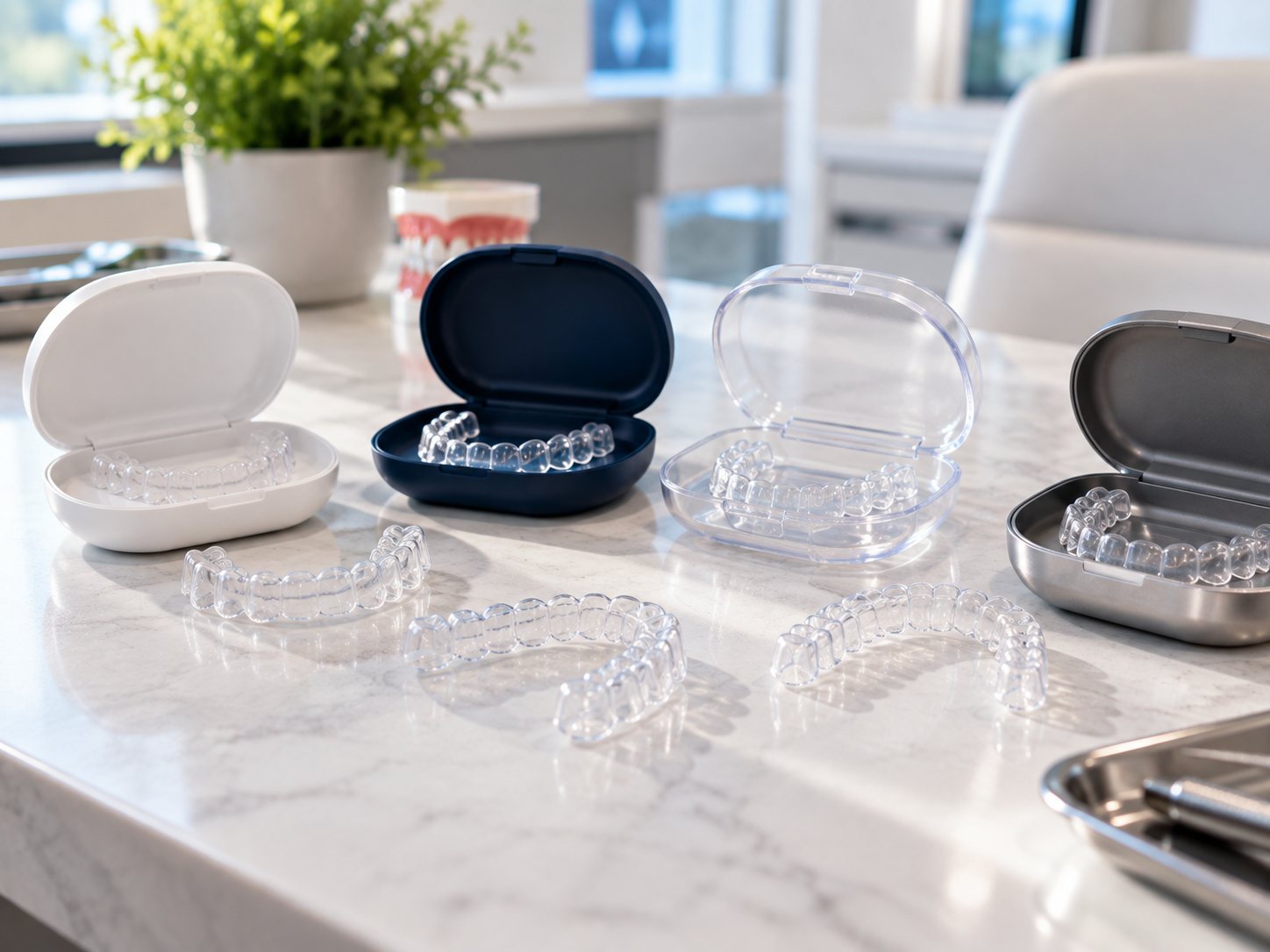 Unbranded aligner trays and neutral-coloured cases arranged on a consultation table