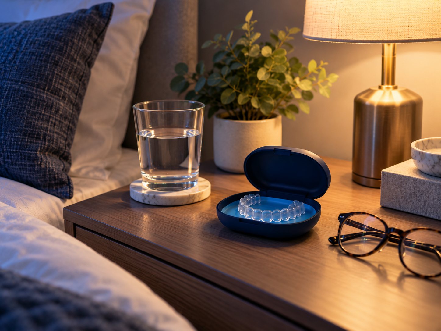 Retainer case beside a bedside lamp