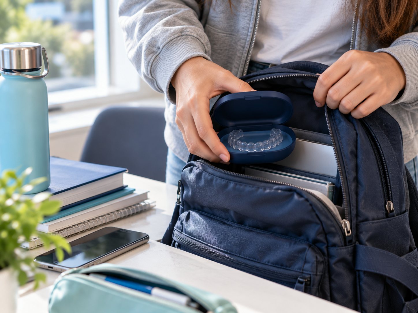 Student handling an aligner case beside a school bag
